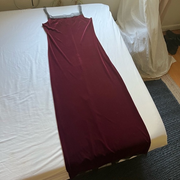 VINTAGE magenta red velvet mesh contrast trim sleeveless midi maxi dress